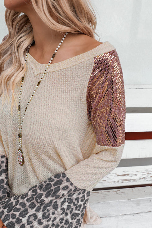 Sequin Patchwork Bell Sleeve V Neck Tunic Top